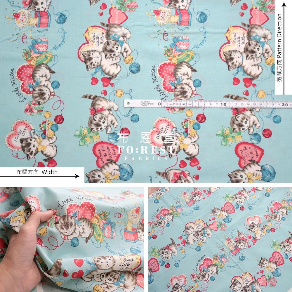 Cotton - Dear Little World Cats Heart Fabric Light Blue