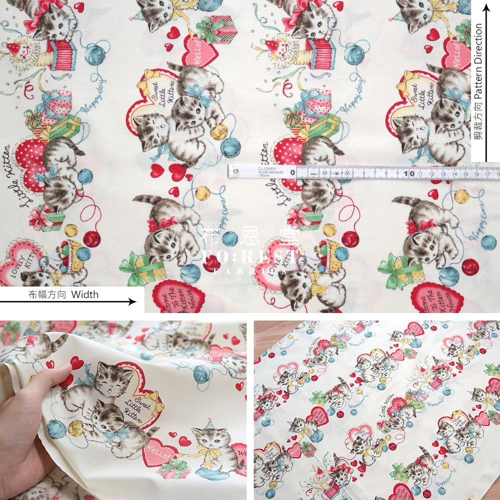 Cotton - Dear Little World Cats Heart Fabric Milky