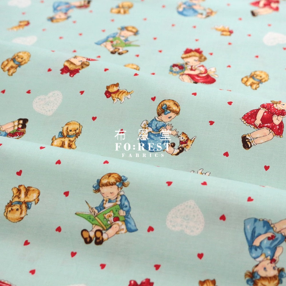 Cotton - Dear Little World Girls And Friends Fabric Light Blue