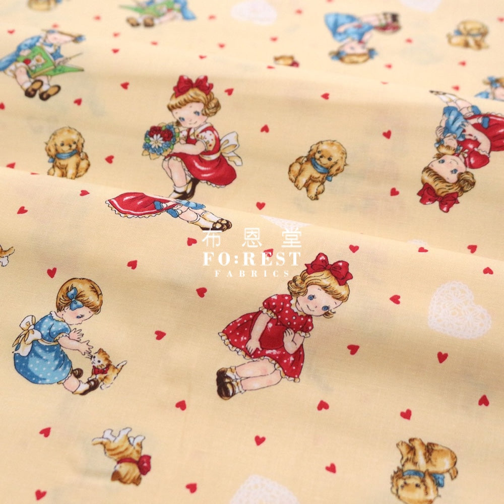 Cotton - Dear Little World Girls And Friends Fabric Light Yellow
