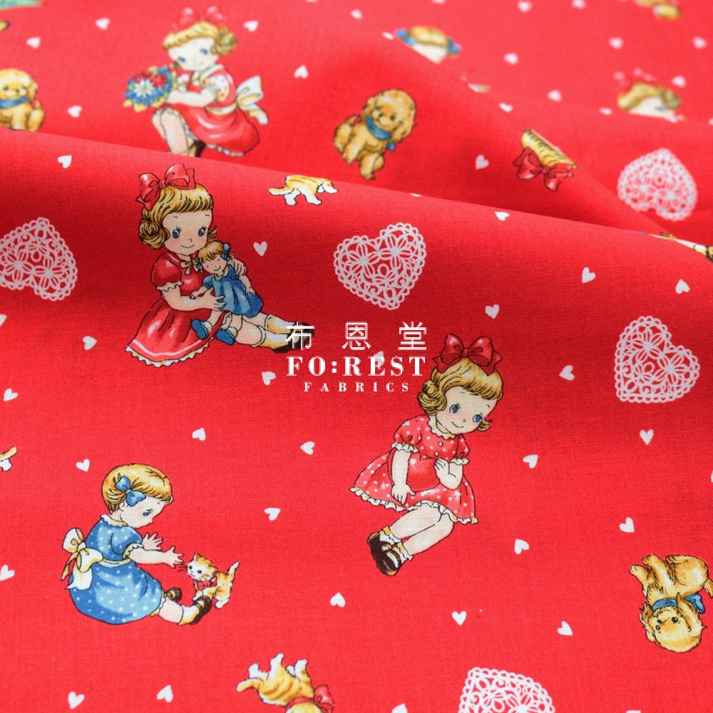 Cotton - Dear Little World Girls And Friends Fabric Red