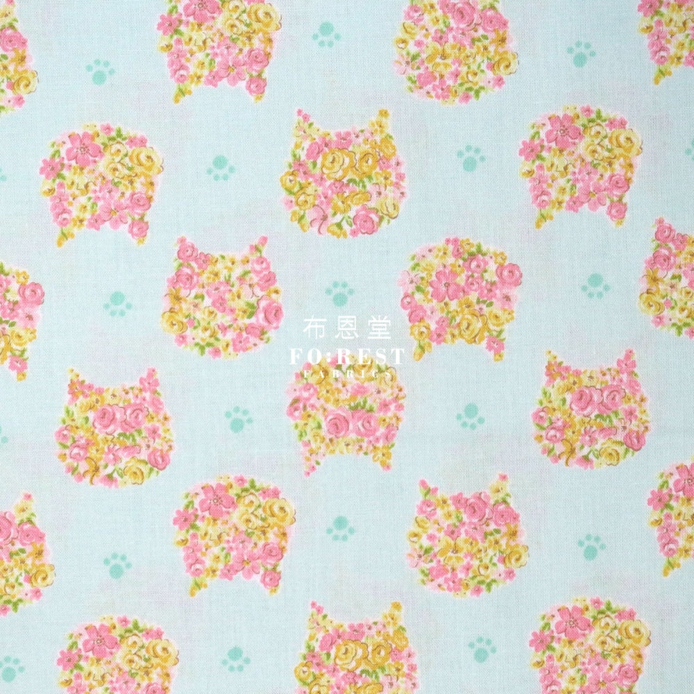Cotton - Flower Cats Head Fabric Blue Cotton