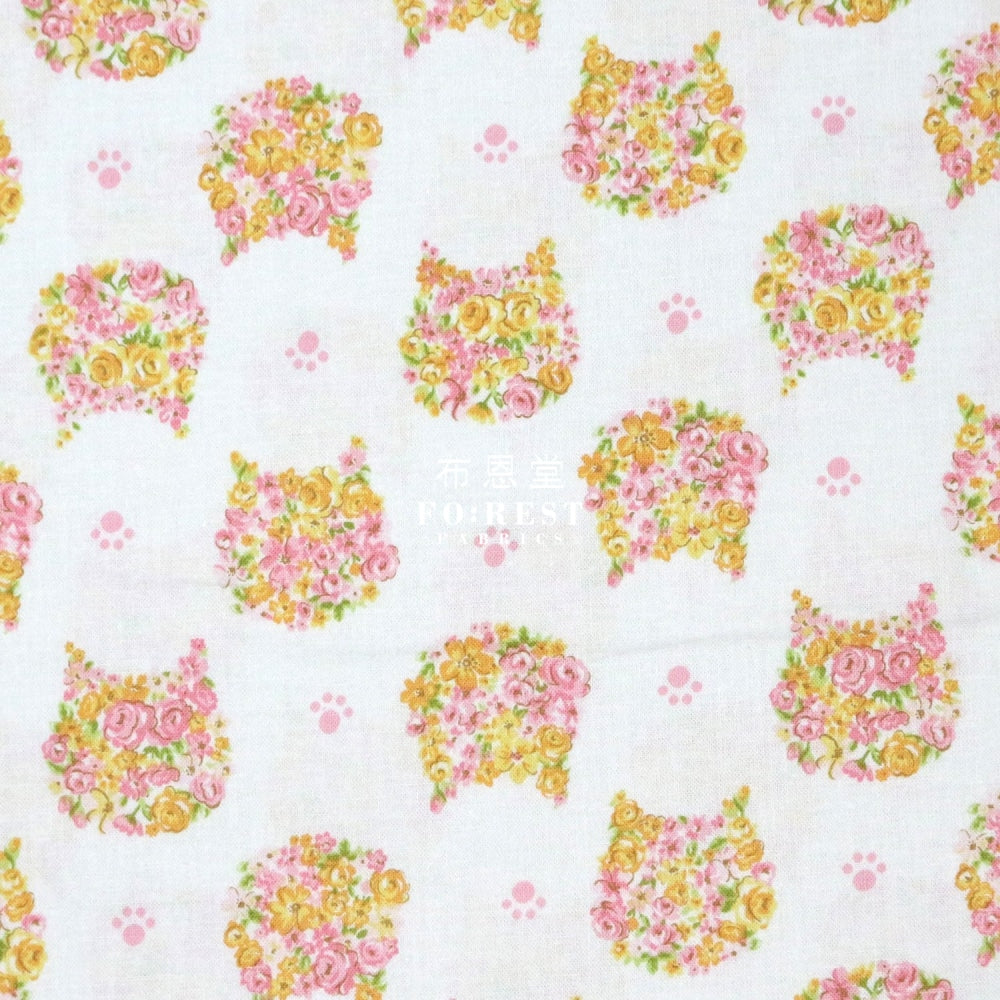 Cotton - Flower Cats Head Fabric White Cotton