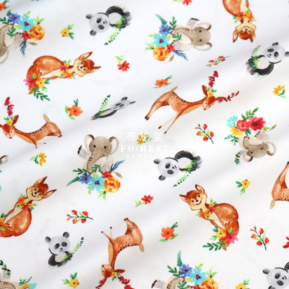 Cotton - Forest Little Animals Cute And Fun Fabric White