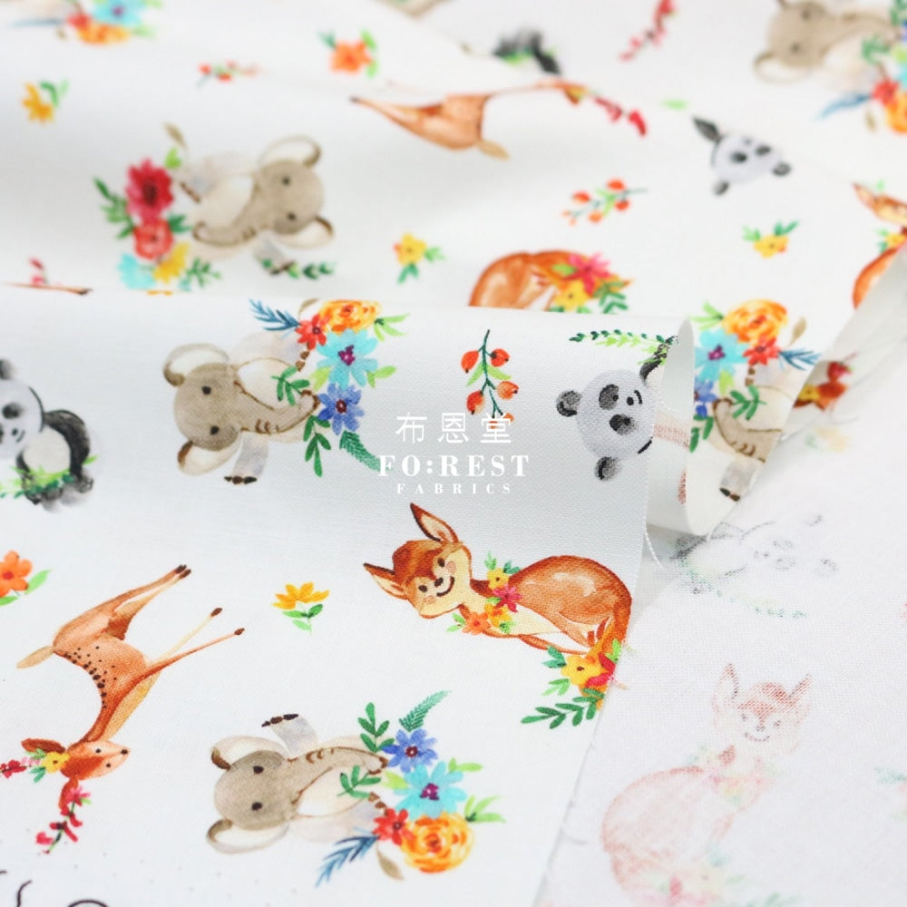 Cotton - Forest Little Animals Cute And Fun Fabric White