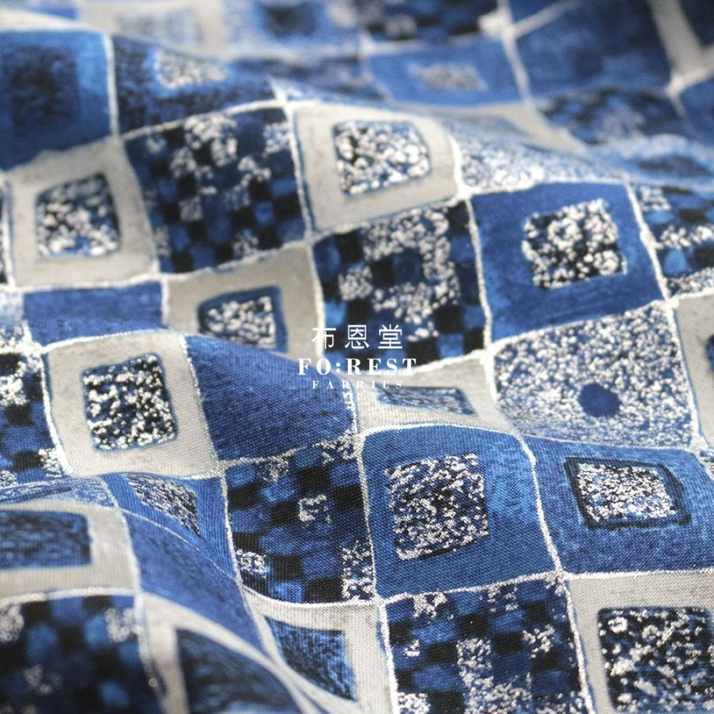 Cotton - Gustav Klimt Cobalt Squares Metallic Fabric Blue