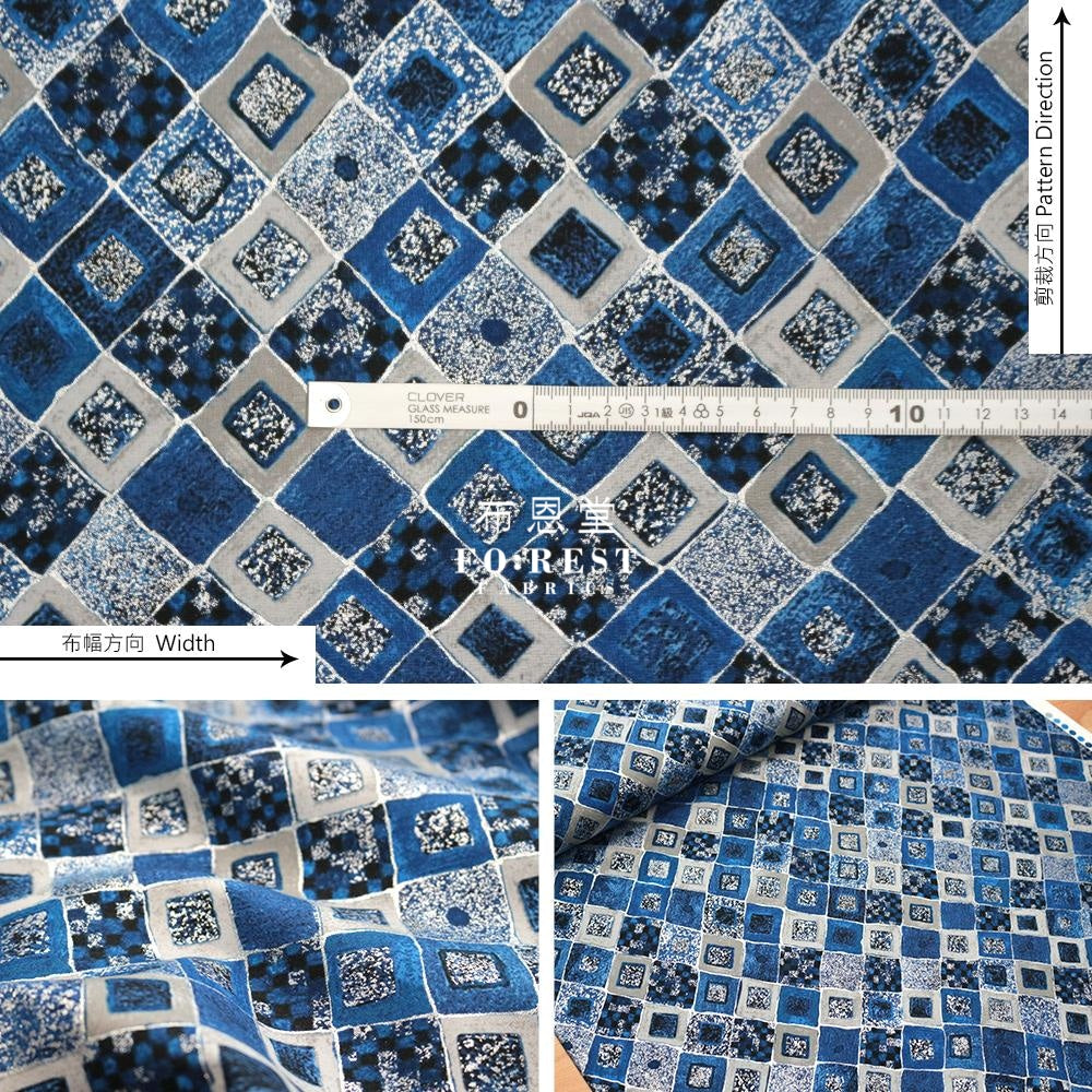 Cotton - Gustav Klimt Cobalt Squares Metallic Fabric Blue