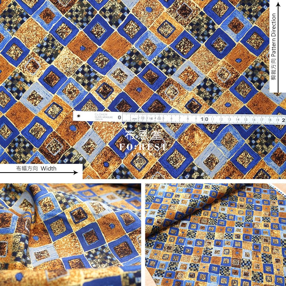 Cotton - Gustav Klimt Cobalt Squares Metallic Fabric Gold