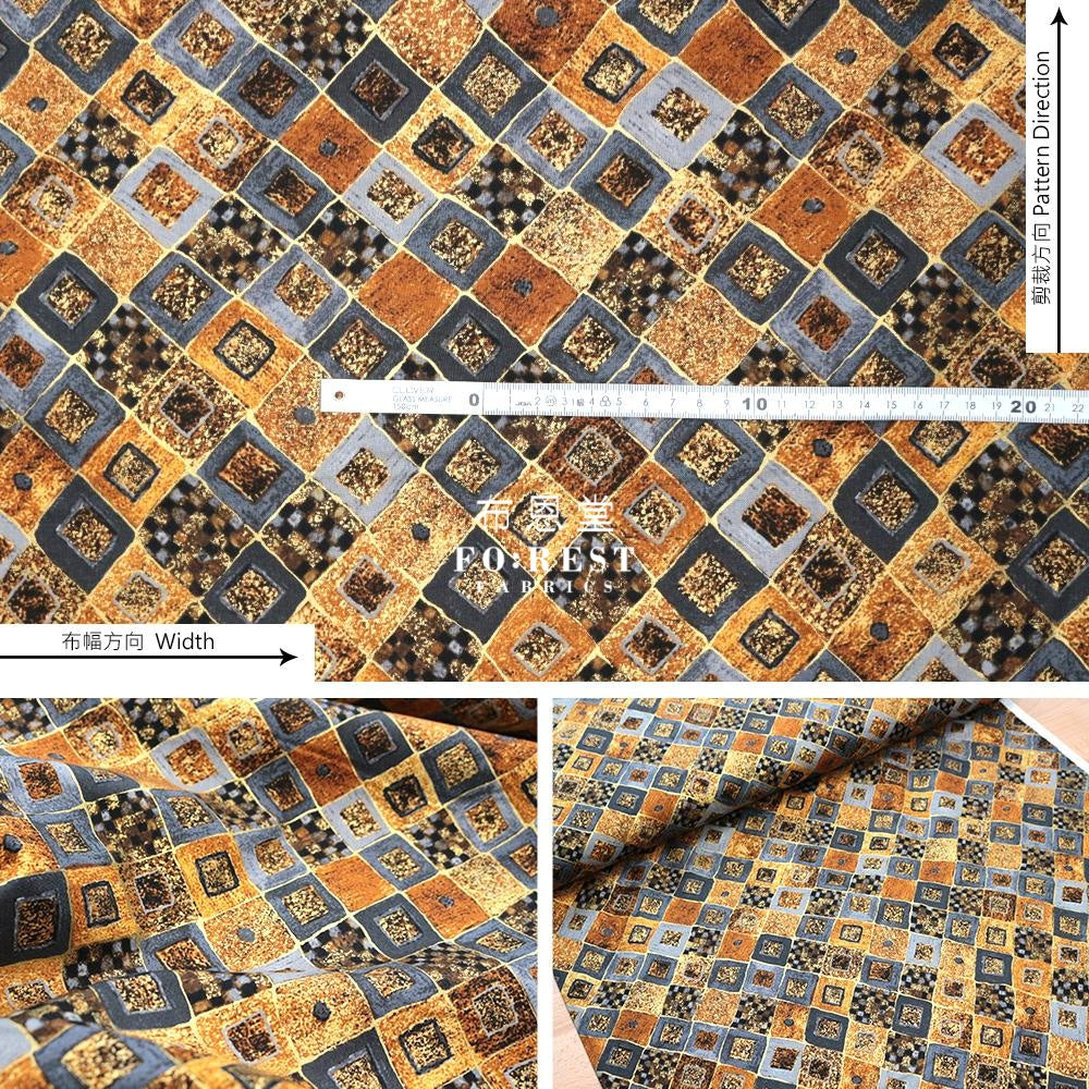 Cotton - Gustav Klimt Cobalt Squares Metallic Fabric Gray