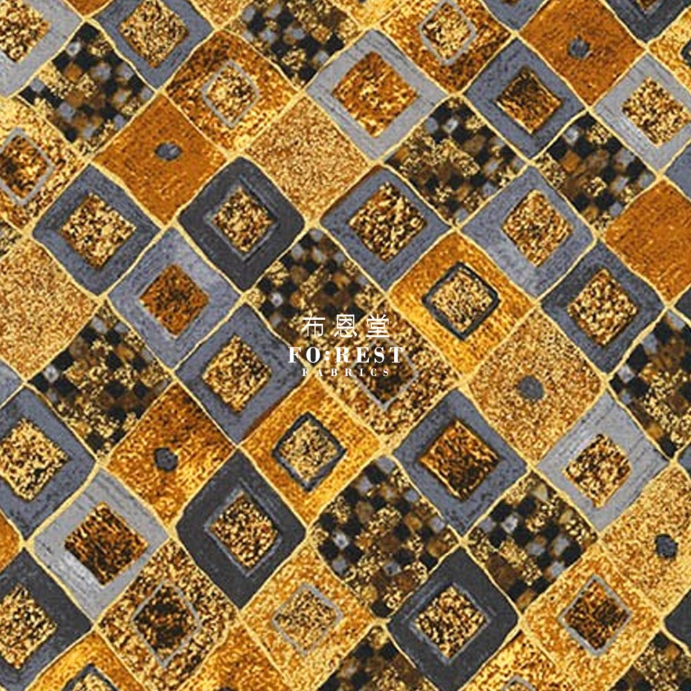 Cotton - Gustav Klimt Cobalt Squares Metallic Fabric Gray