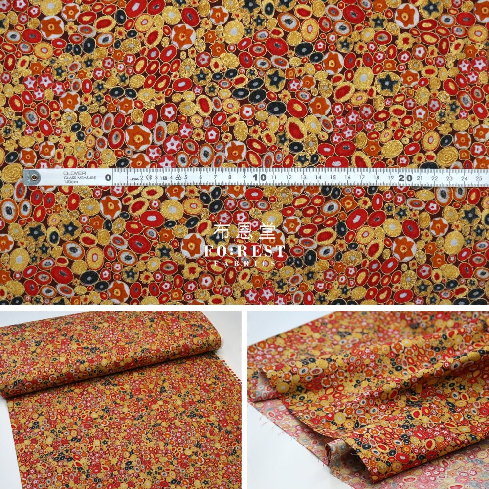 Cotton - Gustav Klimt Jewel Ovals Metallic Fabric Red