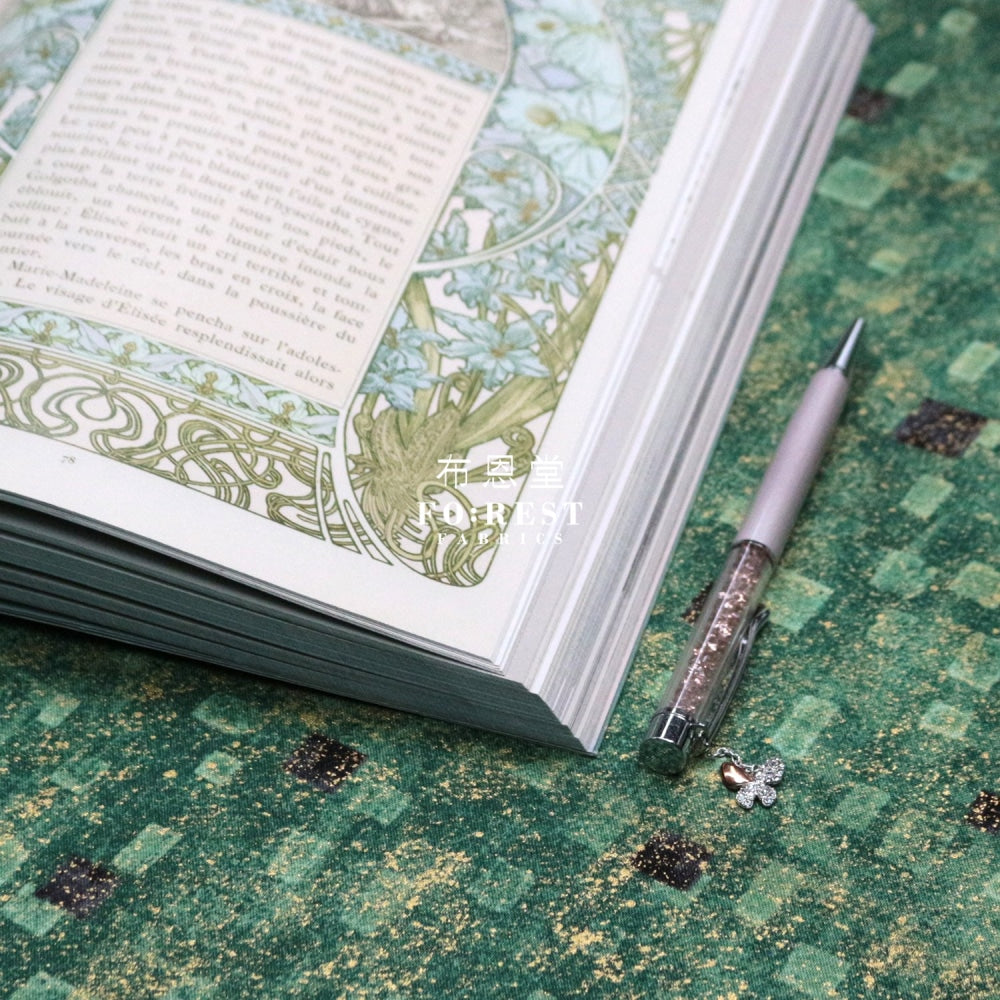 Cotton - Gustav Klimt Squares Metallic Fabric Green