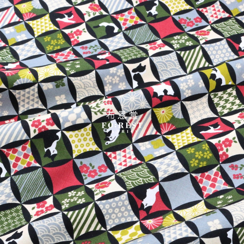 Cotton - Japanese Shippo Cats Fabric Moss Cotton