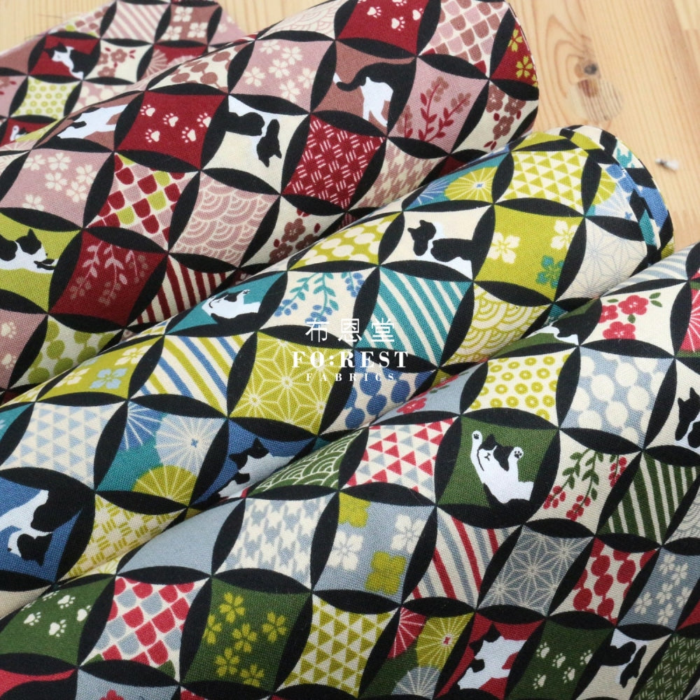Cotton - Japanese Shippo Cats Fabric Moss Cotton