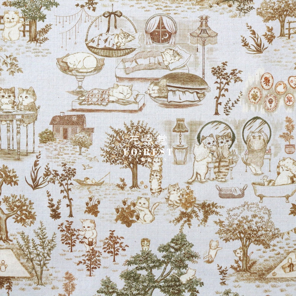 Cotton Linen - Cat Garden Fabric Gray