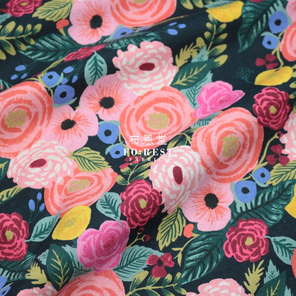 Cotton Linen - Garden Party Juliet Rose Fabric Navy Canvas