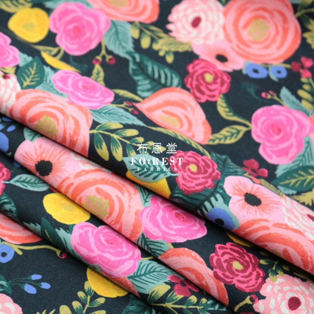 Cotton Linen - Garden Party Juliet Rose Fabric Navy Canvas