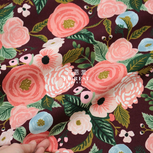 Cotton Linen - Garden Party Juliet Rose Fabric Wine Canvas