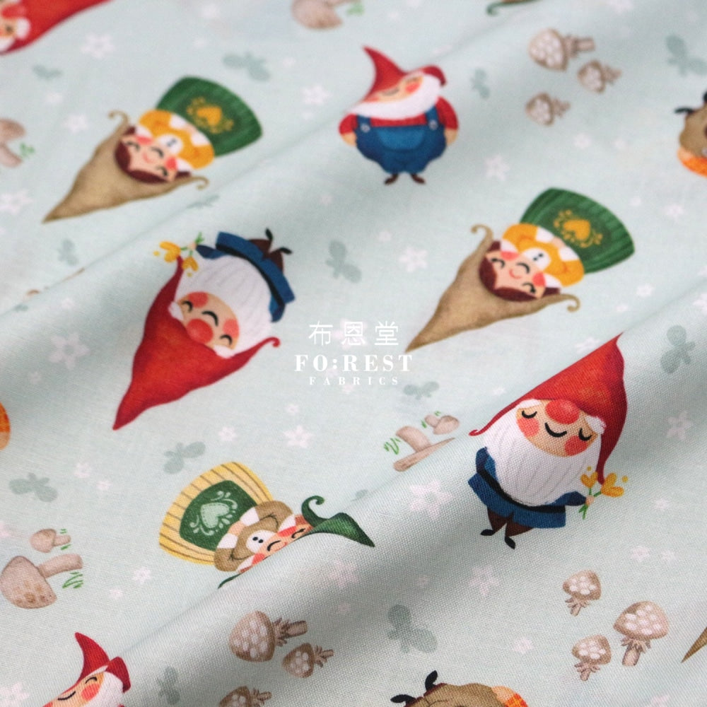 Cotton - Mushrooms Gnomes Fabric Lt.green