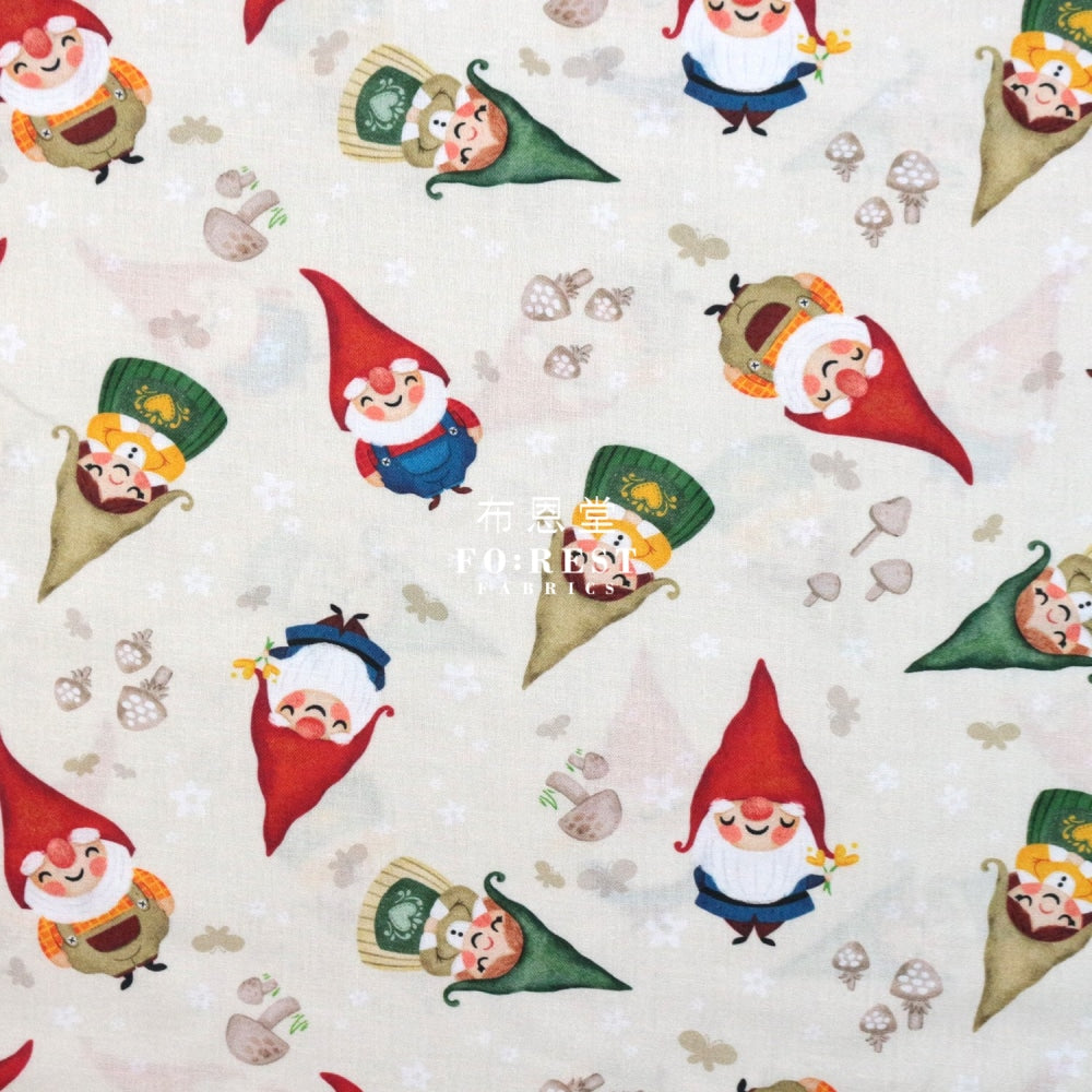 Cotton - Mushrooms Gnomes Fabric Natural