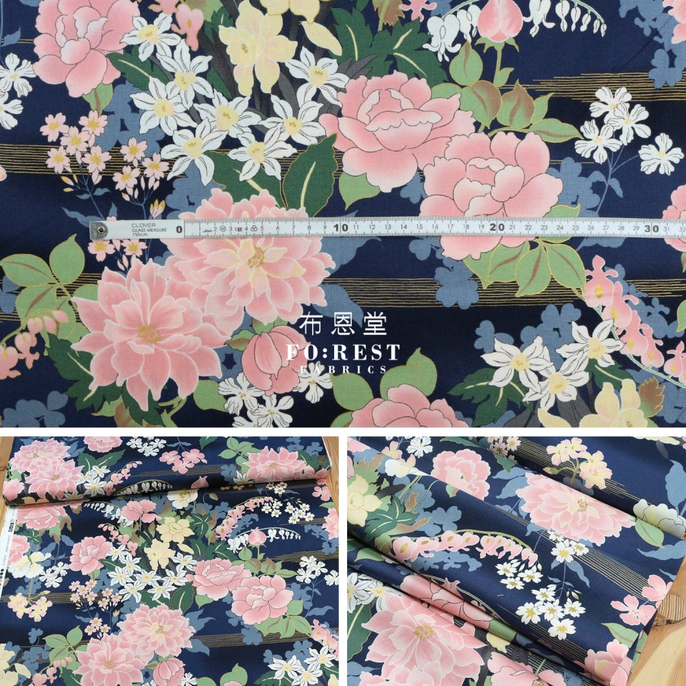 Cotton - Peony Japanese Fabric Navy