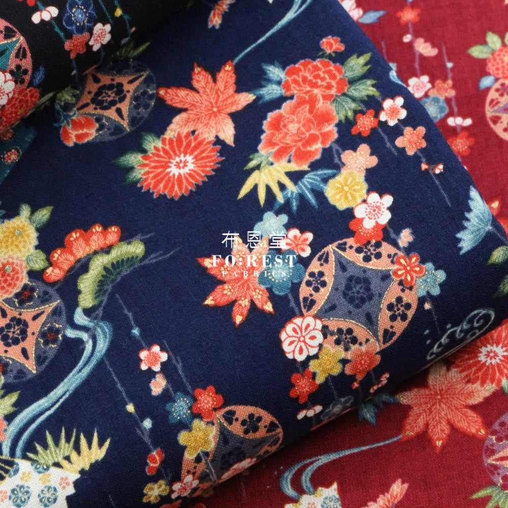 Cotton - Peony Maple Fabric Navy Cotton