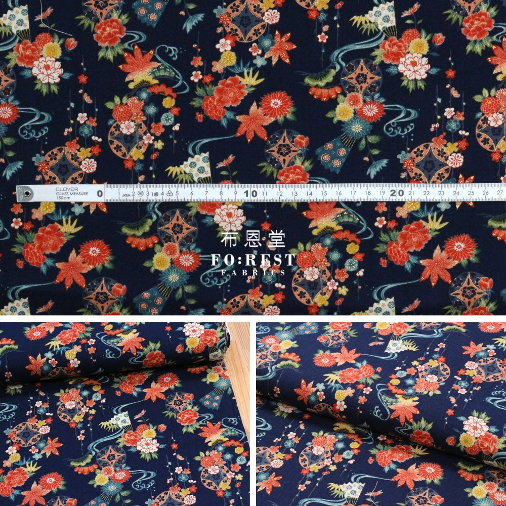 Cotton - Peony Maple Fabric Navy Cotton