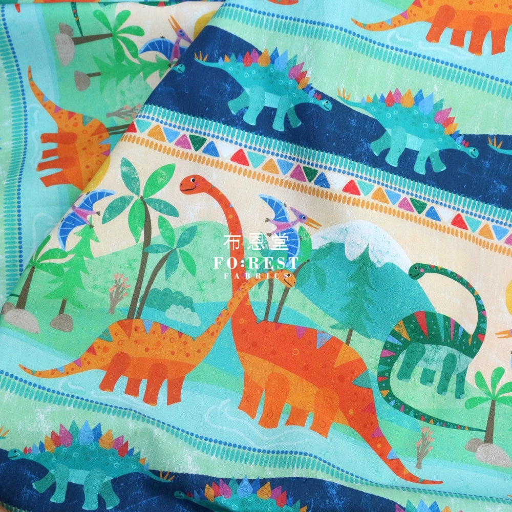 Cotton - Rainbow Dinosaur Land Stripe Fabric
