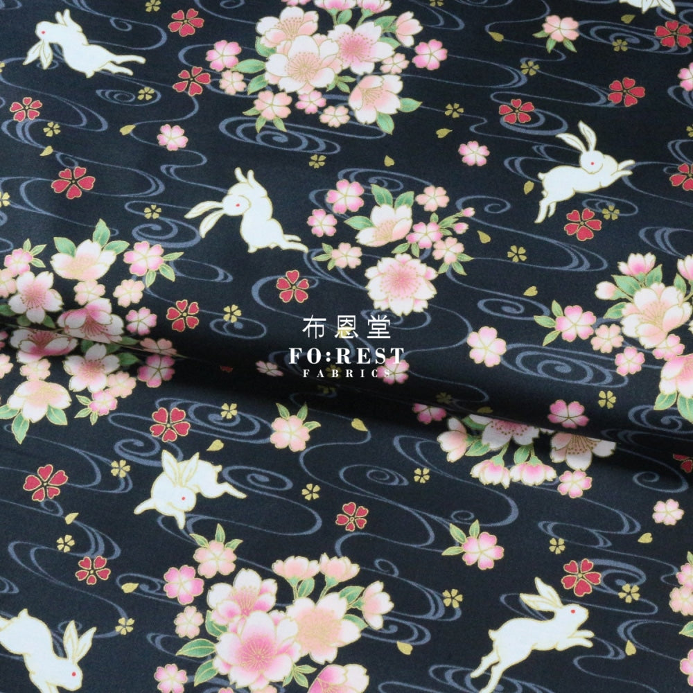 Cotton - Sakura Rabbit Japanese Fabric Black