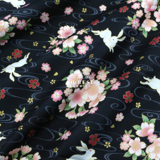 Cotton - Sakura Rabbit Japanese Fabric Black