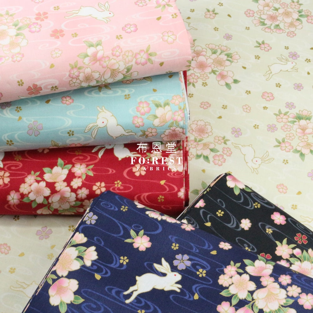 Cotton - Sakura Rabbit Japanese Fabric Black