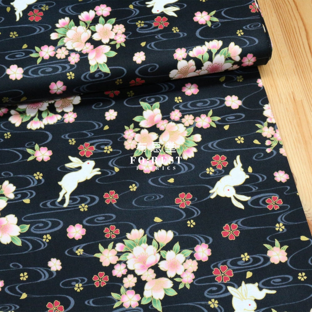 Cotton - Sakura Rabbit Japanese Fabric Black