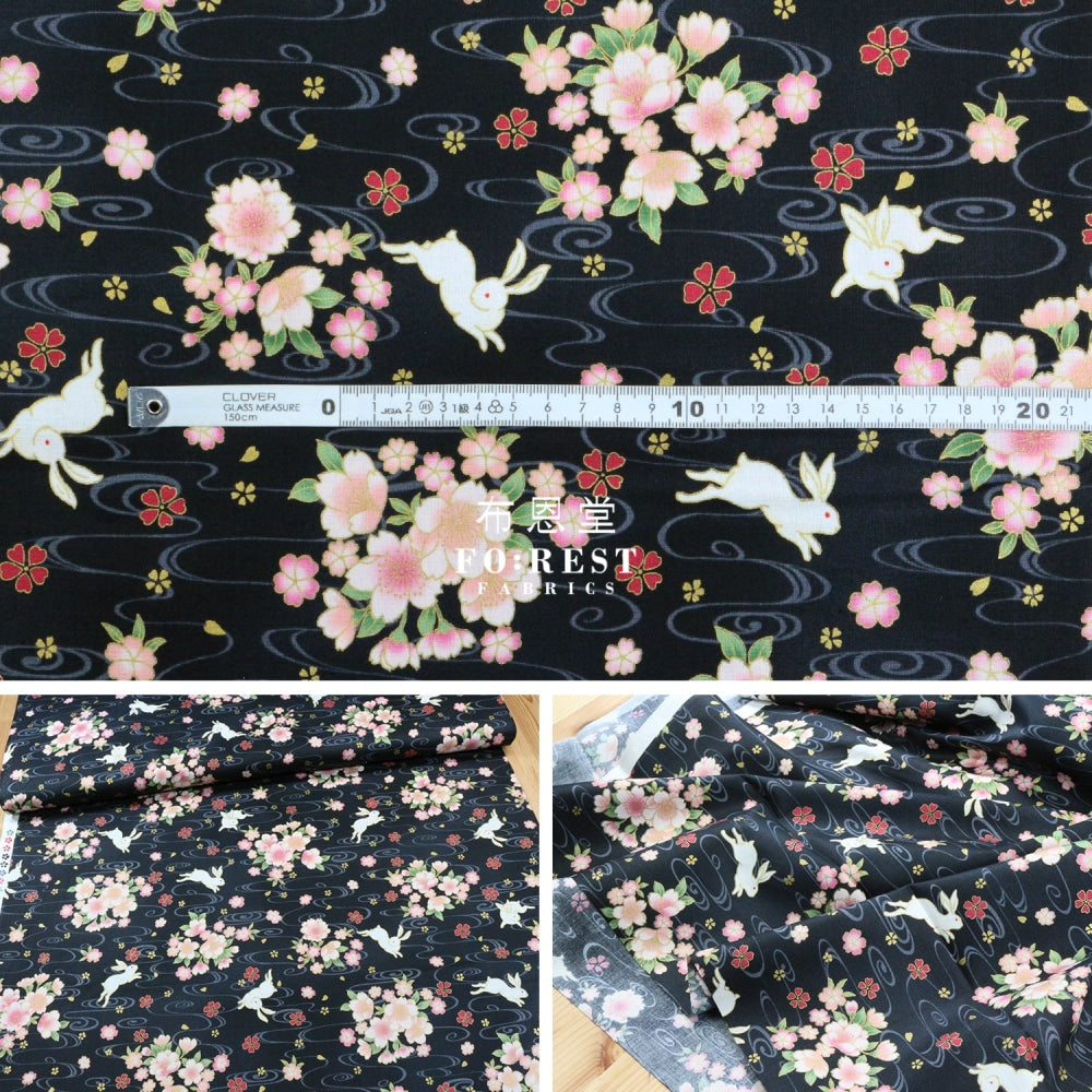 Cotton - Sakura Rabbit Japanese Fabric Black
