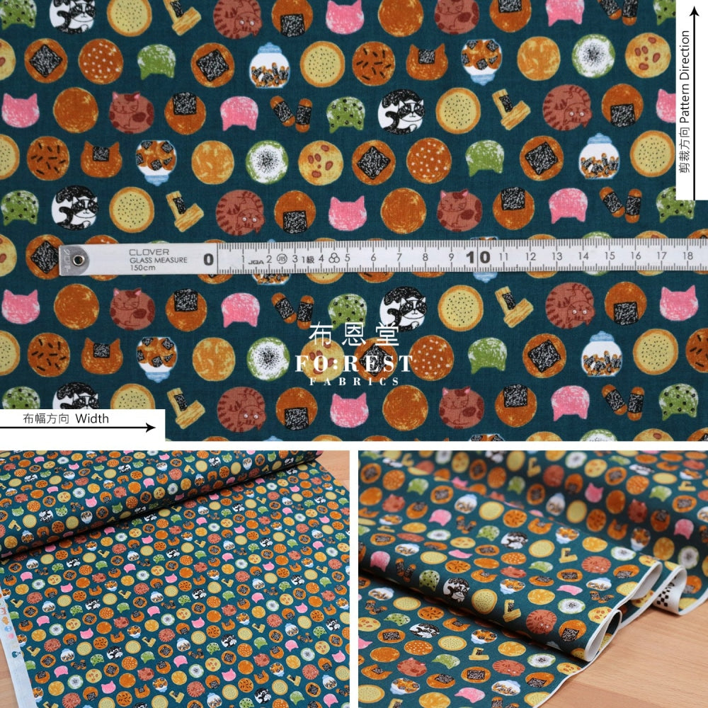 Cotton - Senbei Cats Darkgreen Fabric