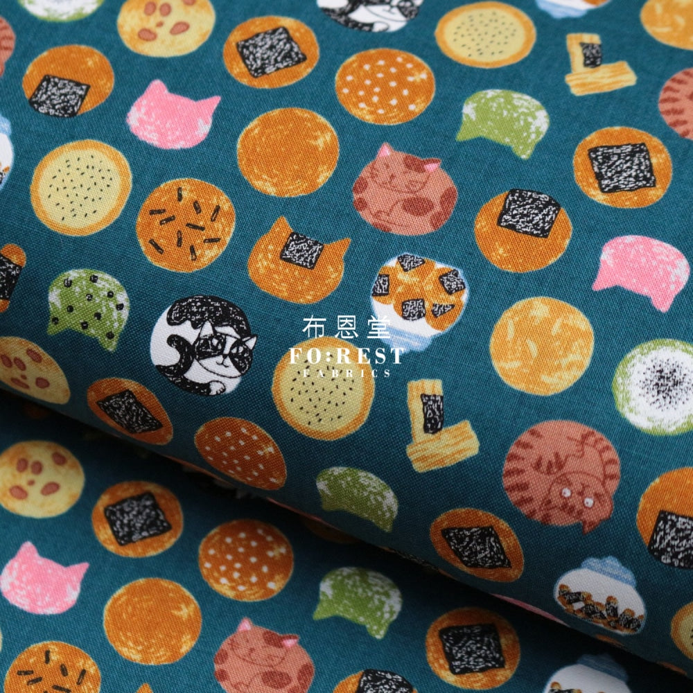 Cotton - Senbei Cats Darkgreen Fabric