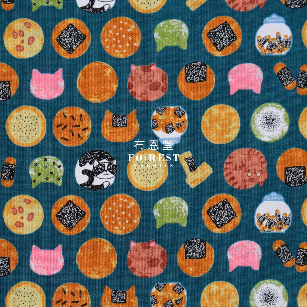 Cotton - Senbei Cats Darkgreen Fabric