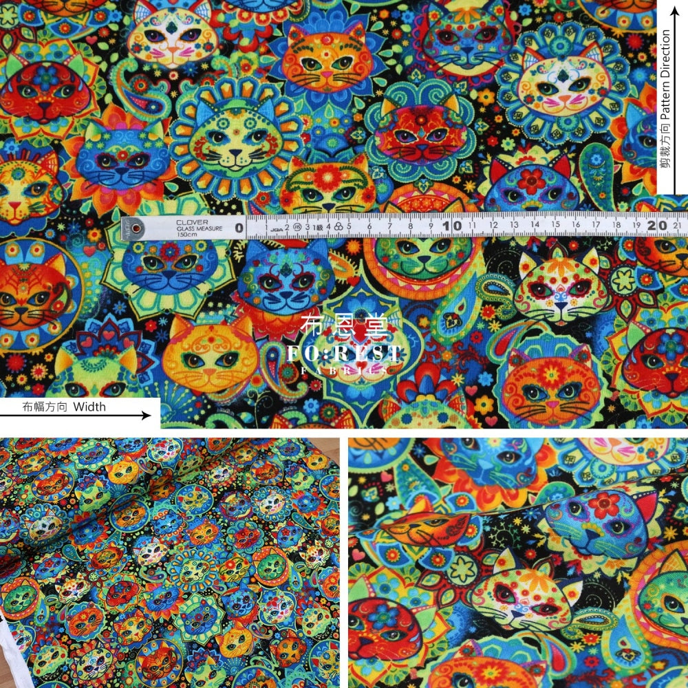 Cotton - Sugar Skulls Cats Fabric