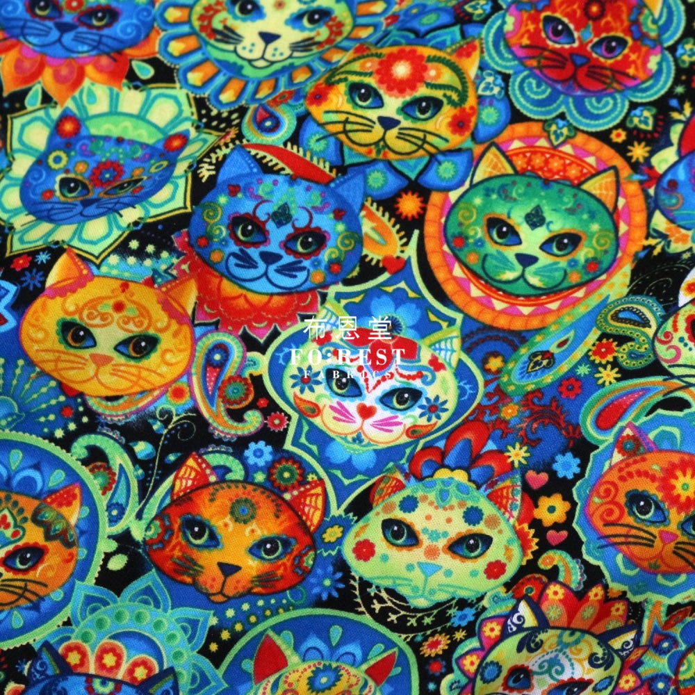 Cotton - Sugar Skulls Cats Fabric