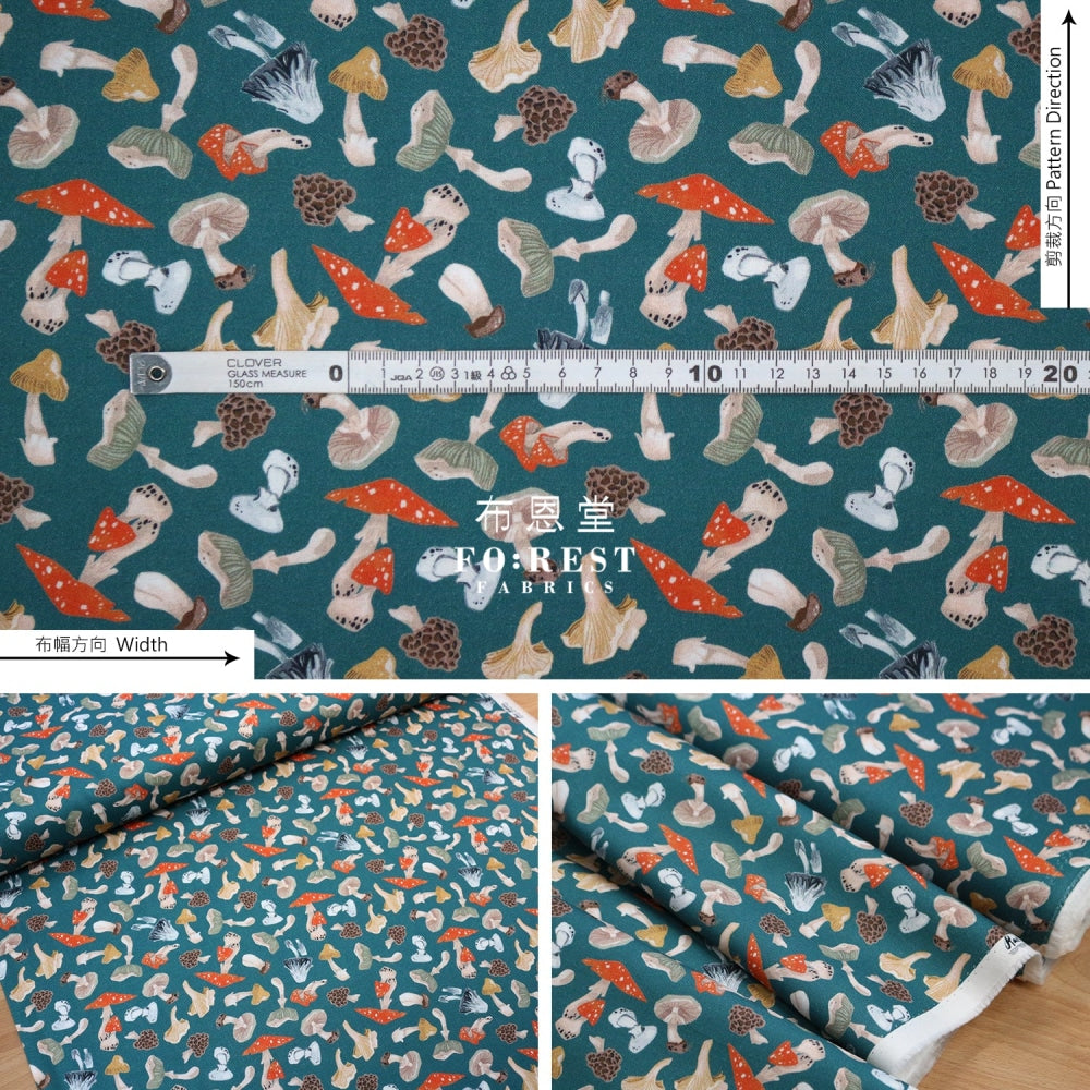 Cotton - Tossed Mushrooms Fabric Darkgreen