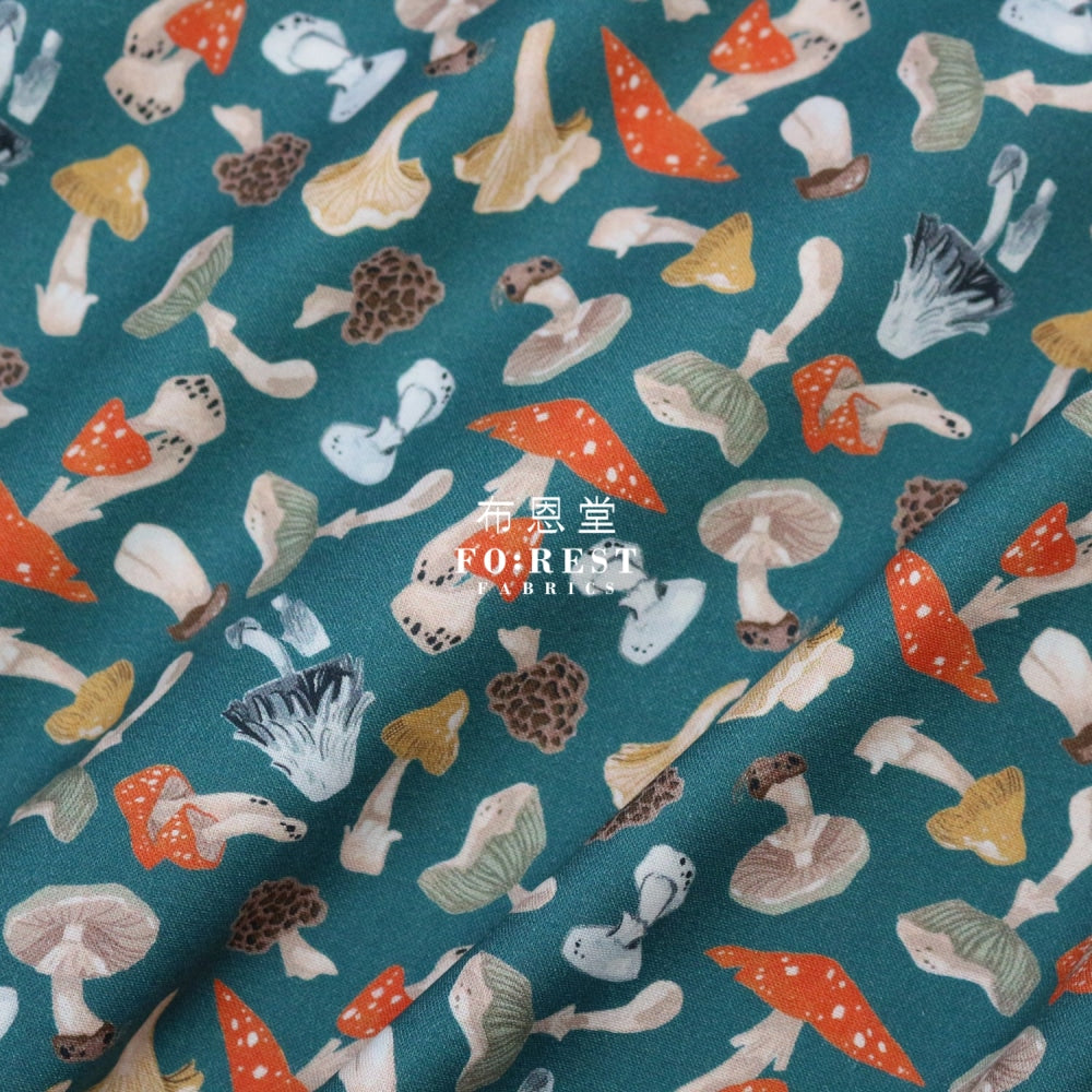 Cotton - Tossed Mushrooms Fabric Darkgreen