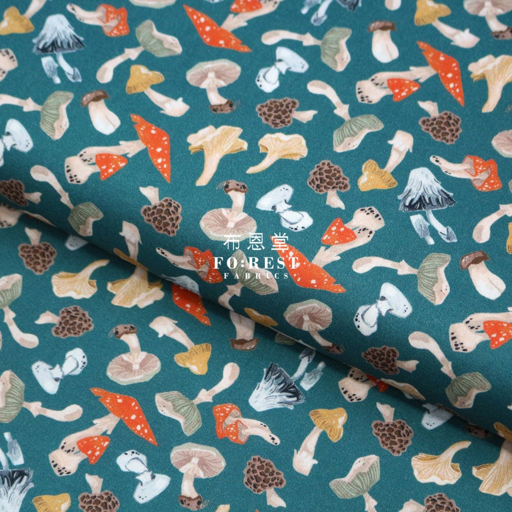 Cotton - Tossed Mushrooms Fabric Darkgreen