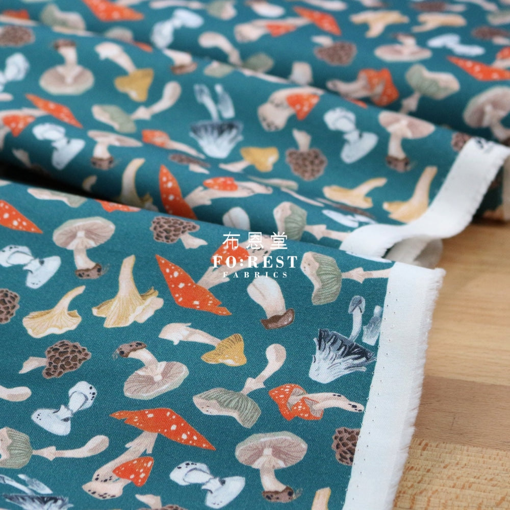 Cotton - Tossed Mushrooms Fabric Darkgreen