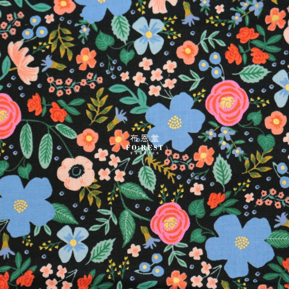 Cotton - Wild Rose Flower Fabric Black