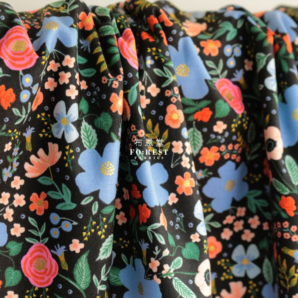 Cotton - Wild Rose Flower Fabric Black