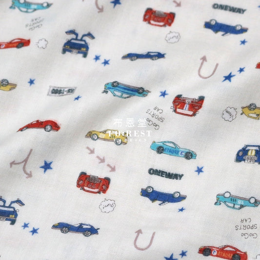 Double Gauze - Racing Cars Fabric White Double