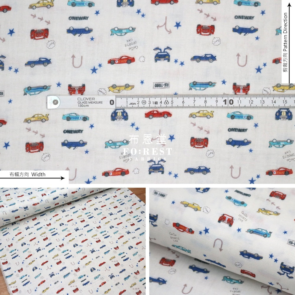Double Gauze - Racing Cars Fabric White Double