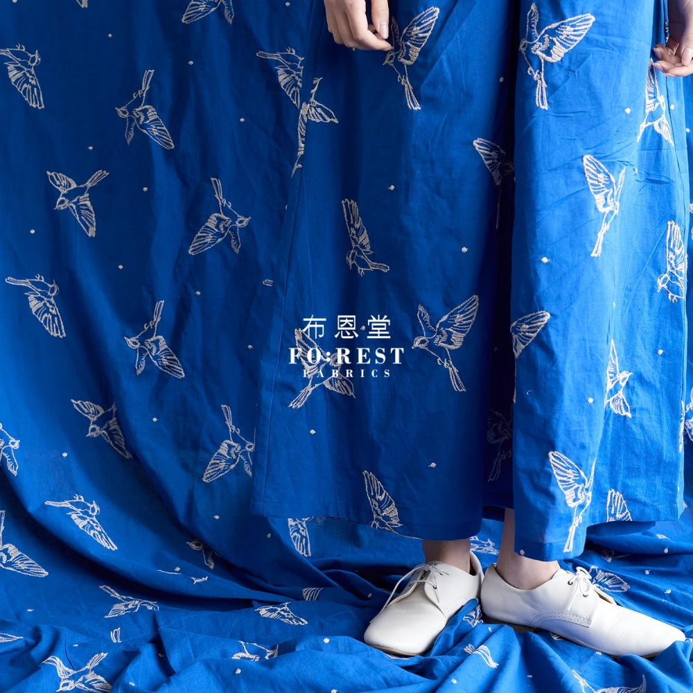 Echino - Embroidery Bird Blue Fabric