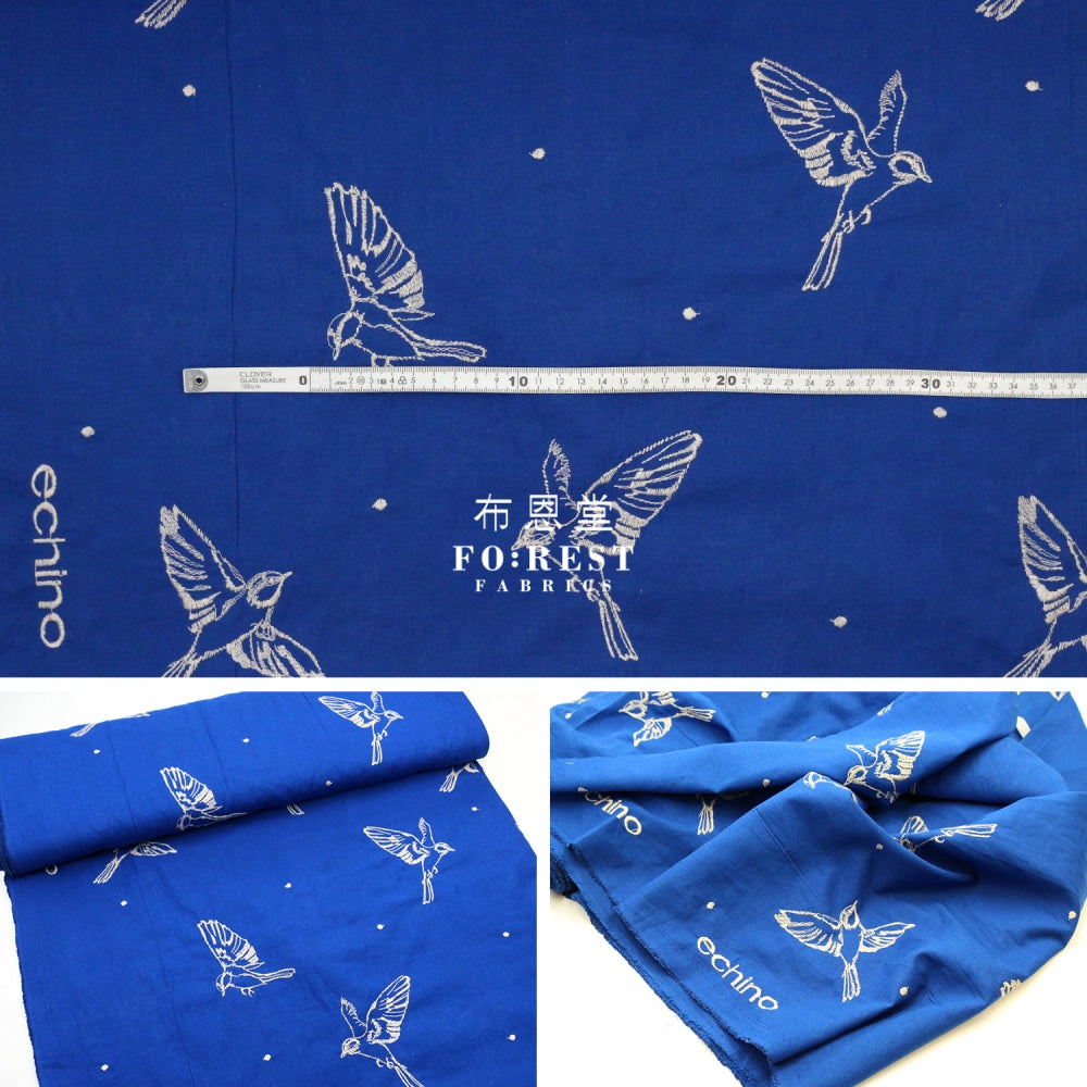 Echino - Embroidery Bird Blue Fabric