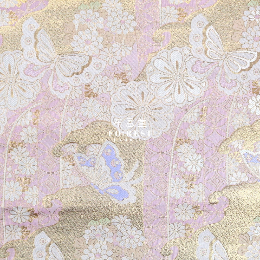 Gold Brocade - Butterfly Fabric Light Pink Polyester