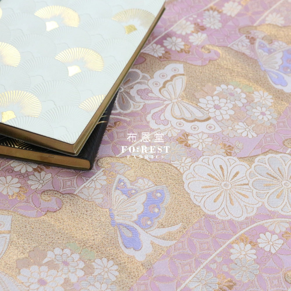 Gold Brocade - Butterfly Fabric Light Pink Polyester